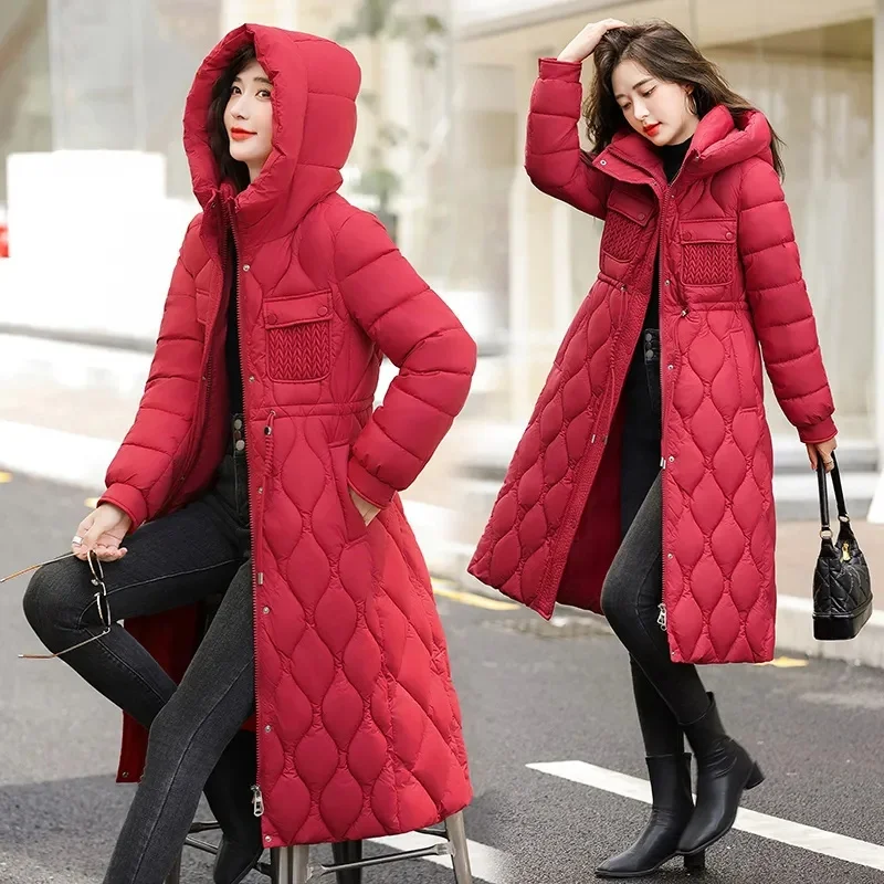 2023 New Women\'s Winter Jacket X-long Puffer Parkas Hooded Cotton Padded Female Coat Thick Warm Wadded Jackets Outerwear