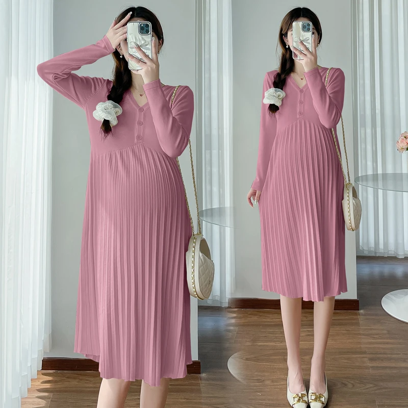 Autumn and Winter Maternity Loose Knitted Dress Plus Size Pregnant Women's Nursing Dress Long Sleeve Button Fly Pleated Dresses