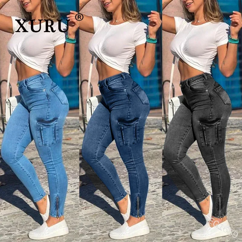 XURU-Polished White Old Jeans for Women, Sexy Zipper Pants, Small Leggings, Work Dress Pants7-1689, European and American New