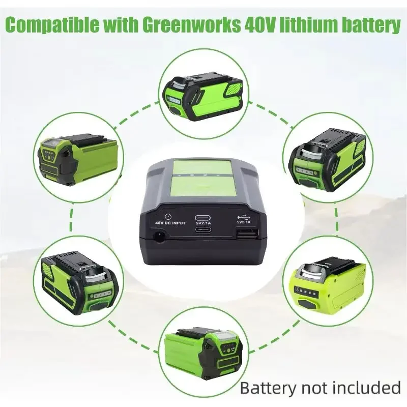 Portable Charging Converter Compatible Greenworks 40V Lithium Battery Charger Adapter w/SB TYPE-C & LED Work Light (No Battery )