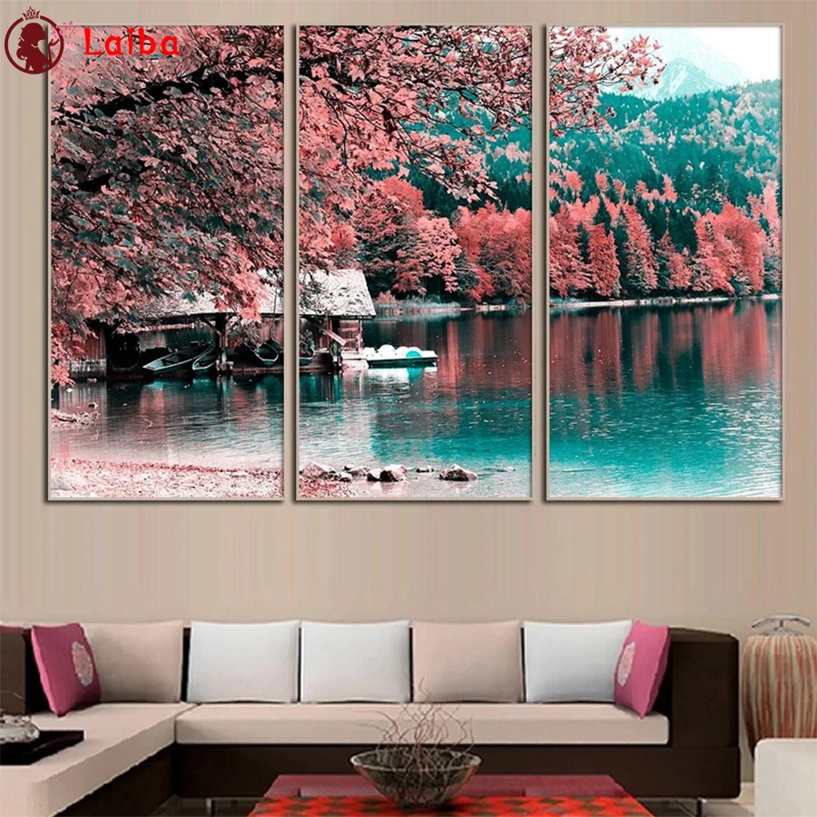 

Diamond Painting Natural scenery, red trees, lake Cross Stitch Diamond Mosaic Picture Embroidery crystal Beaded Handicraft3pcs