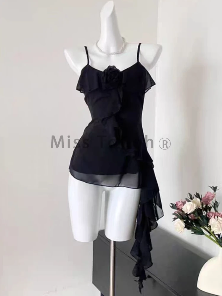 Summer Crop Chiffon Blouse Women Ruffles Irregular Halter Tops Y2k Streetwear Coquette 2000s Aesthetic Vintage Design Tops 2024