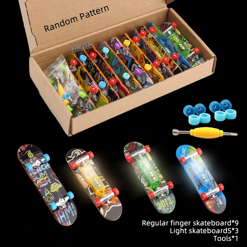 Luminous Metal Bridge Finger Skateboard Set Frosted Surface Mini Random Pattern Finger Skateboard with Light Set Kid Toy Gifts