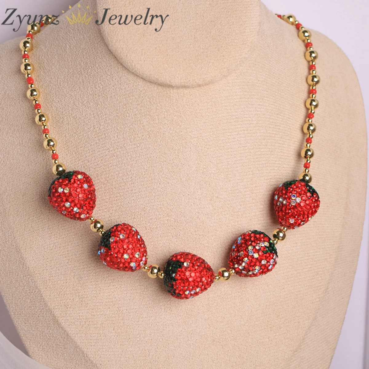 5pcs, Shiny Red Strawberry Crystal Beads Necklaces Women Elegant Rhinestone Fruit Jewelry