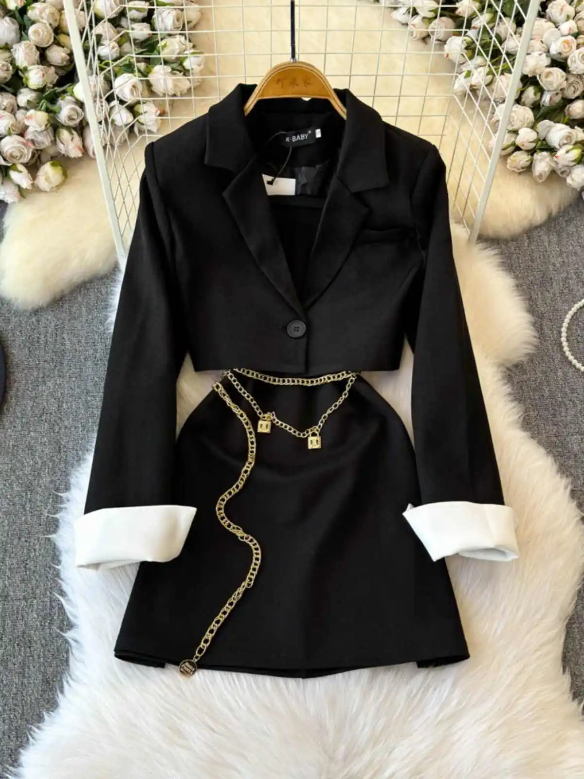 Women Black Gothic Dress Set Fitted Blazer Jacket 2 Piece Set Vintage Elegant Long Sleeve Suit Coat Harajuku 2000s Clothes 2025