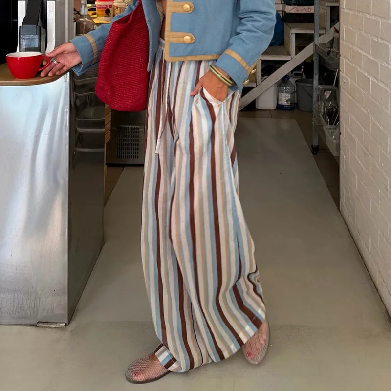 Women High Waist Striped Wide Leg Pants Drawstring Elastic Waist Flowy Loose Trousers Vintage Casual Long Pants