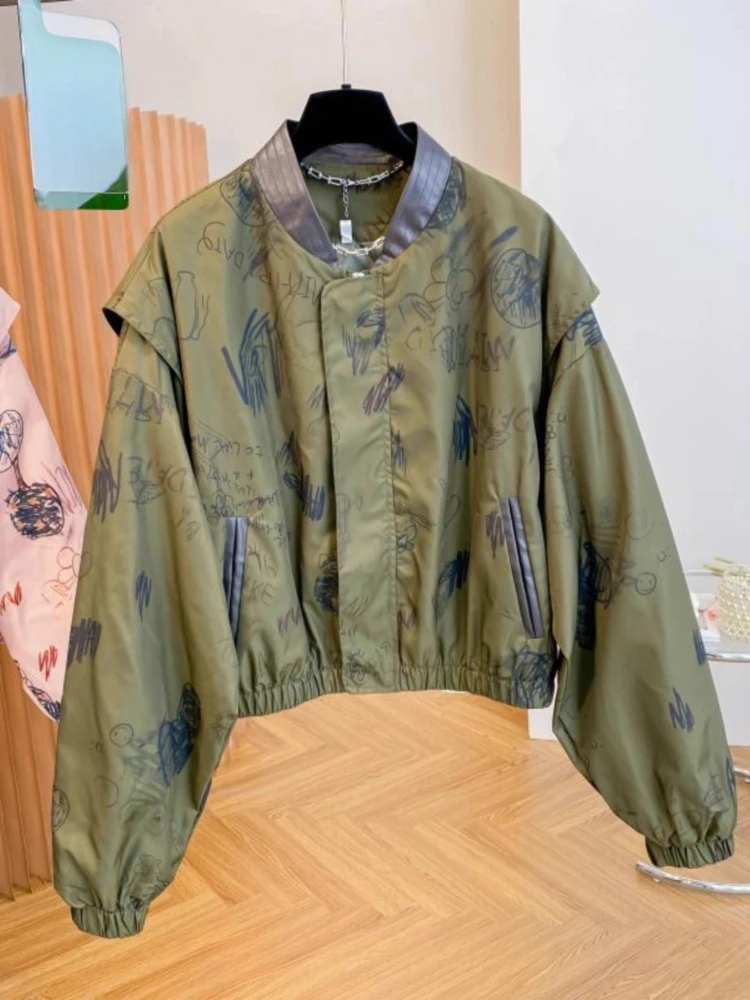 

American Vintage Coats Stand Neck Long Sleeve Zipper Graffiti Casual Loose Jackets 2025 Autumn New Tops All Match Women Clothing