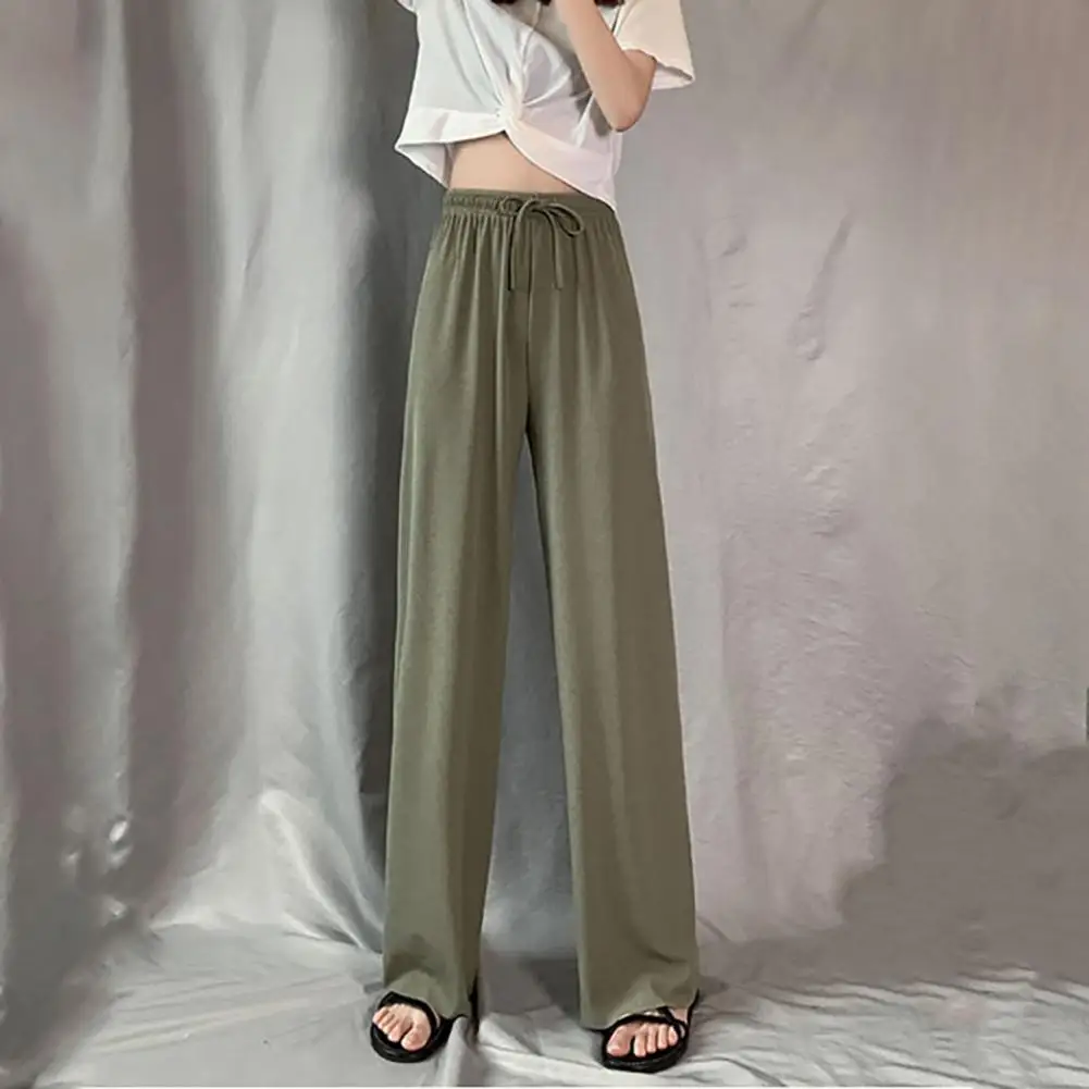 Sexy Wide Leg Pants Stylish Women's Ice Silk Wide Leg Pants with Adjustable Drawstring High Waist Solid Color Long for Daily