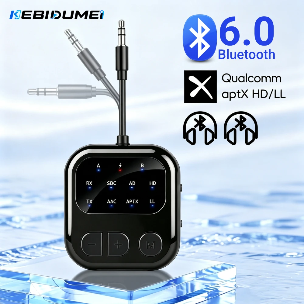 KEBIDUMEI 2 in 1 Bluetooth 6.0 Audio Reciever Transmitter AptX-Adaptive AD/HD/LL AAC 3.5MM AUX HiFi Music Wireless Adapter