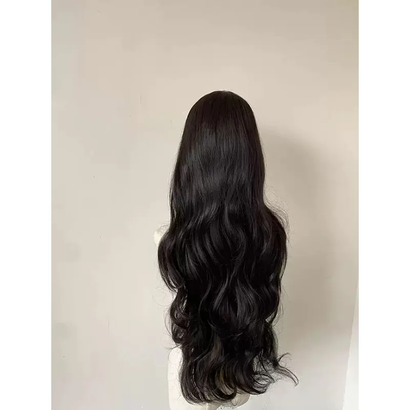 Women Natural Black Korean Style Big Wave Long Synthetic Wig, Fluffy Bangs Full Head Wig for Autumn Winter Daily Use