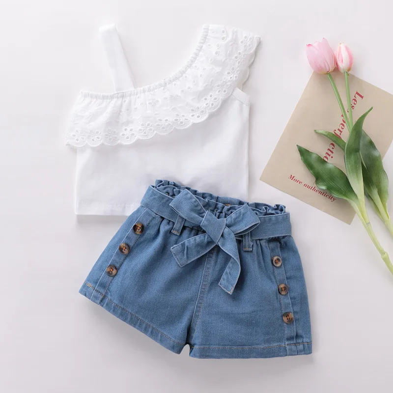 Infant Baby Girls Summer 2 Piece Outfits Asymmetrical Lace Ruffle Tank Tops and Elastic Denim Shorts Set Fashion Cute Clothes