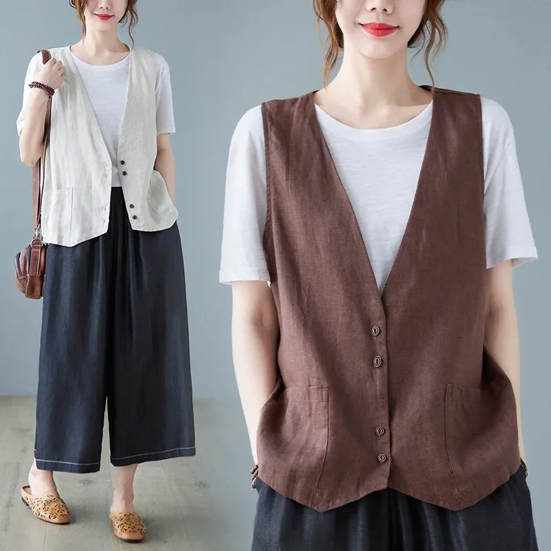 Vests Women Vintage Literary Female V-neck Summer All-match Loose Prevalent Harajuku Korean Style Simple Sleeveless Casual Daily