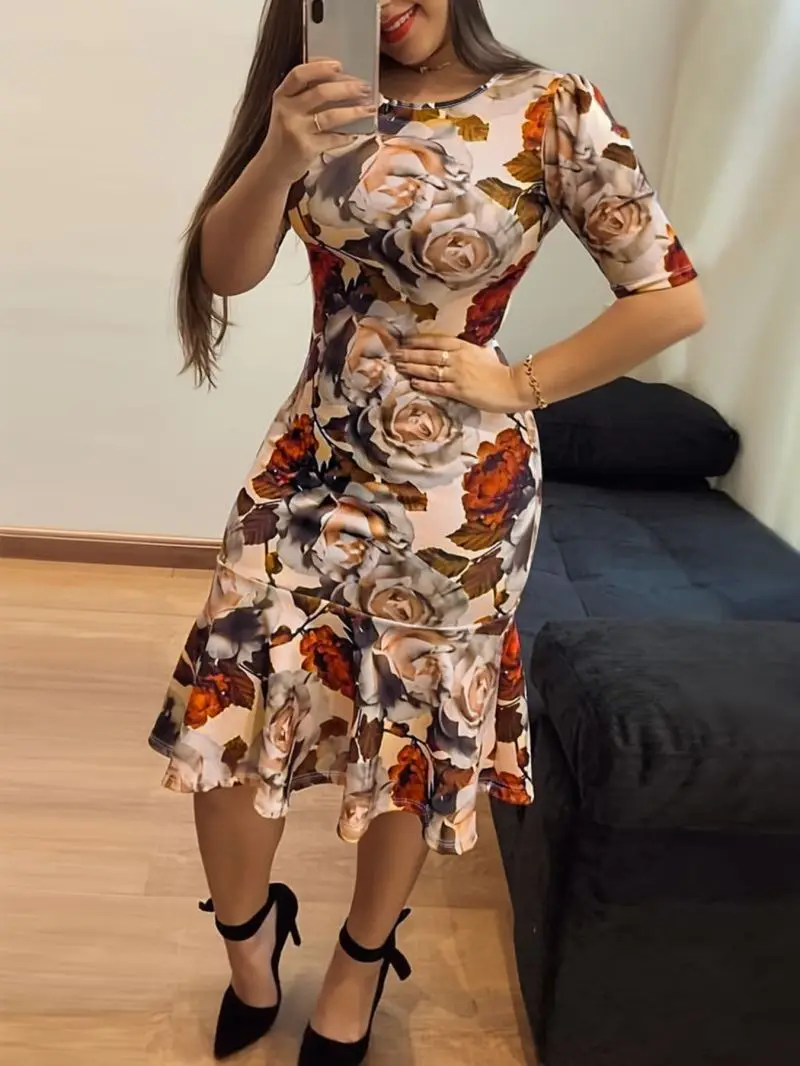 Women's Slim Fit round Neck Print Dress Hip Hugging Commuter Dress Slimming Temperament Fashion for Ladies