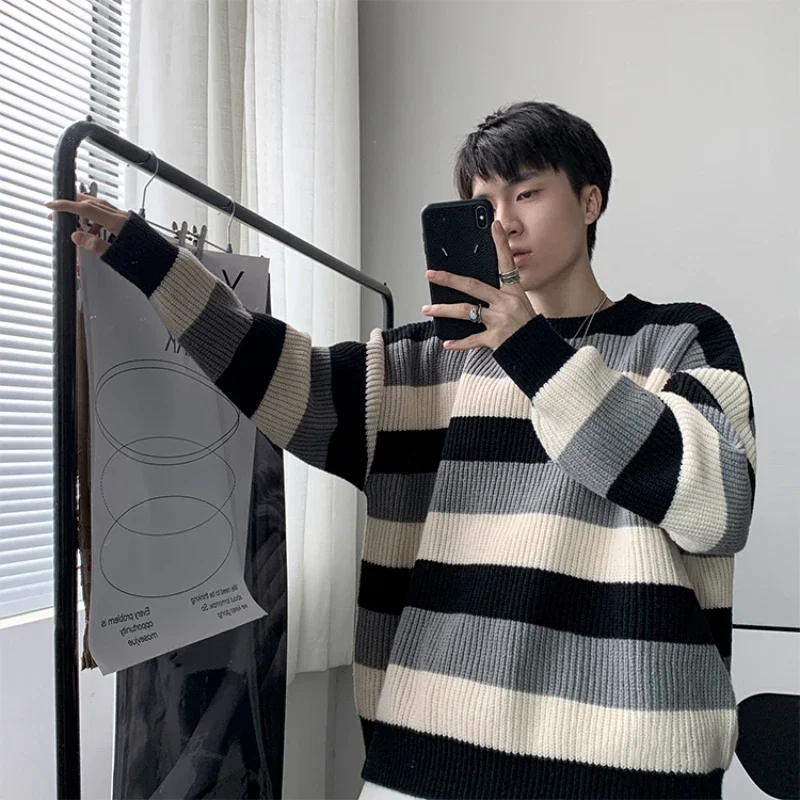 Sweaters Men Simple All-match Daily Loose Autumn Winter Striped Panelled Couple Fashion Knitted Pullovers Japanese Style Retro