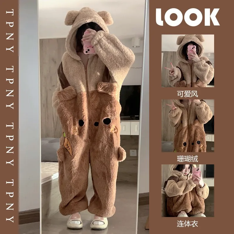 

Коралловый флис, комбинезон с рисунком медведя, женская зимняя утолщенная пижама с капюшоном, удобная домашняя одежда, цельная пижама