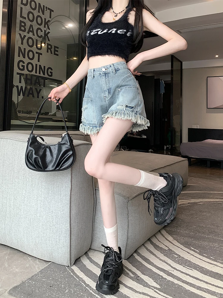 American Sle High Waist Loose Fit A-Line Denim orts Women's Summer Thin Wide Leg Jeans orts Tassel Frayed Casual Hot Pants
