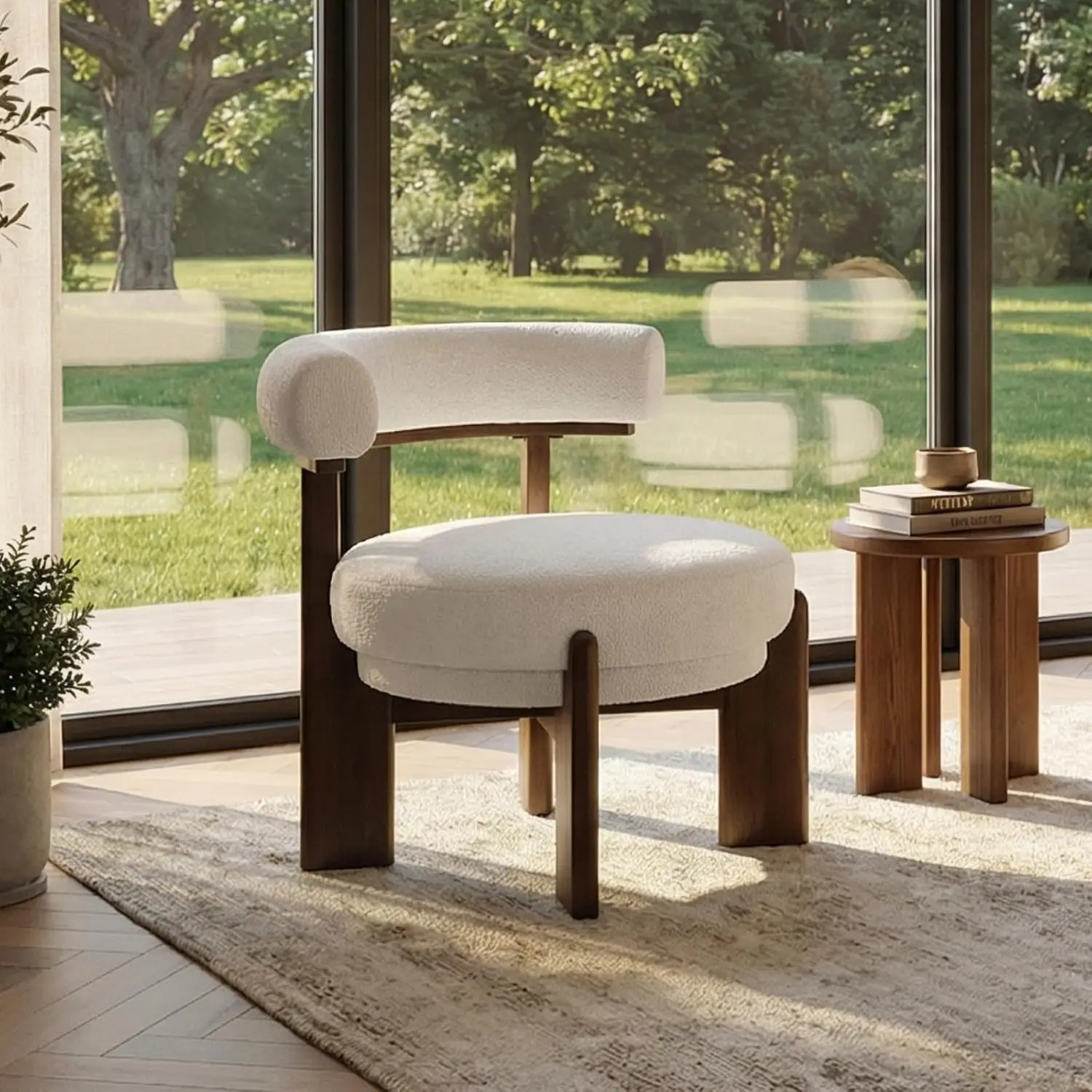 Modern Accent Barrel Chair Faux Sherpa Upholstered Side Chair with Wooden Frame for Living Room Bedroom Beige, Customized