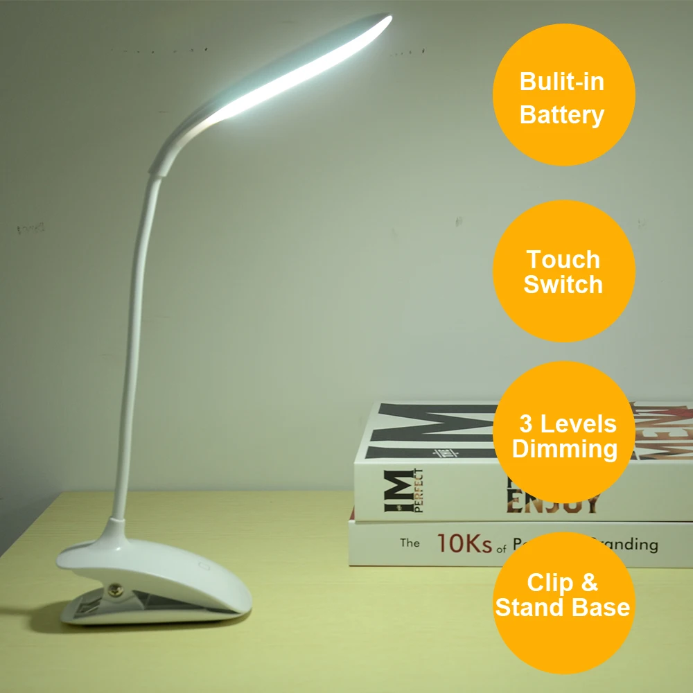 Rechargeable Clip Flexible Led Desk Lamp Touch Switch USB LED Table Lamps for Bedside Eye Protection Dimmer Reading Book Light