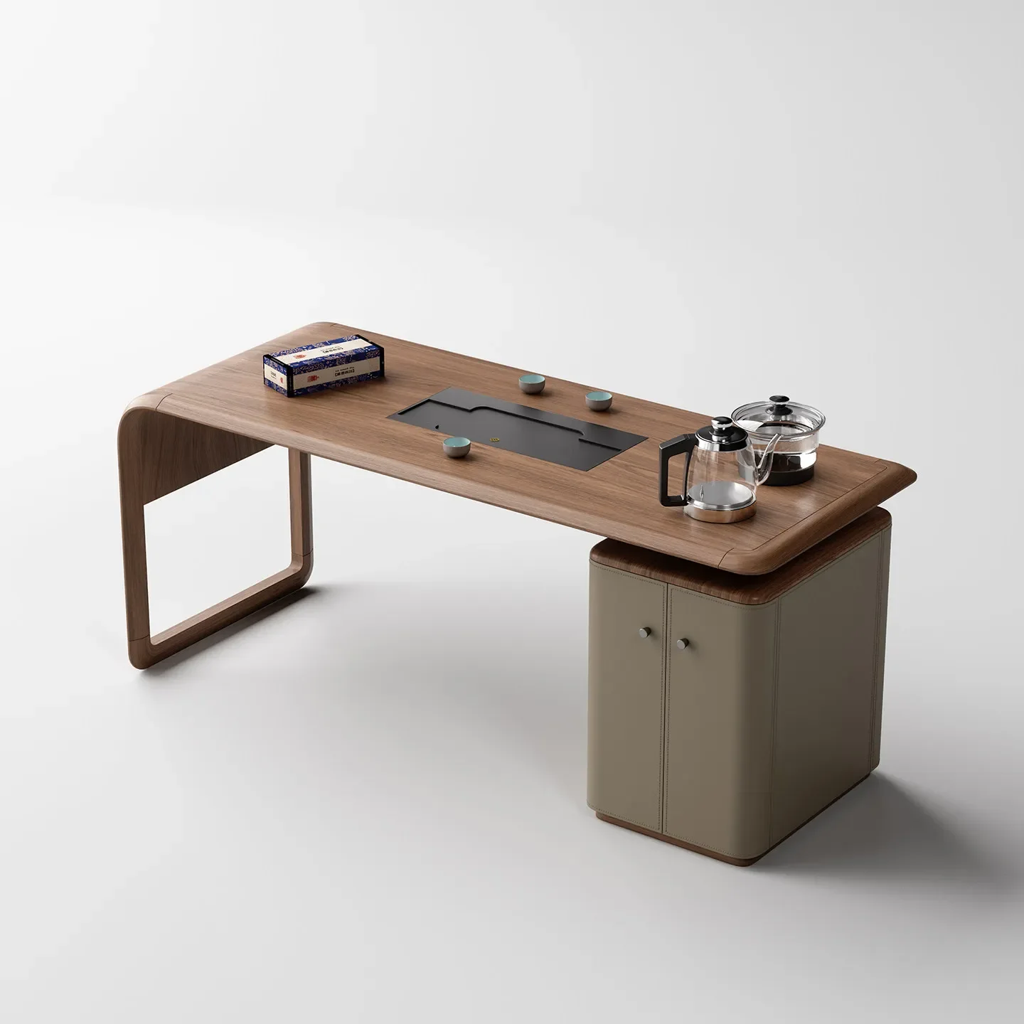 BJ Luxury Saddle Leather Tea Table Set Retro Minimalist Solid Wood Tea Desk With Side Cabinet For Tea Ceremony