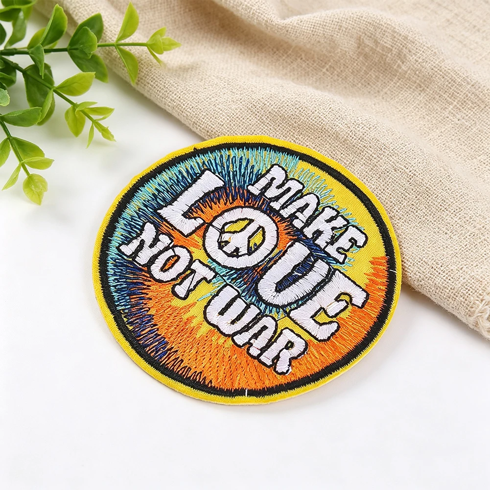 2 Stücke „Make Love Not War“ bestickter Aufnäher zum Aufbügeln, Friedenssymbol, runde Applikation, Abzeichen, DIY-Deko für Kleidung, Jacken, Rucksäcke, Accessoire – Detail 4