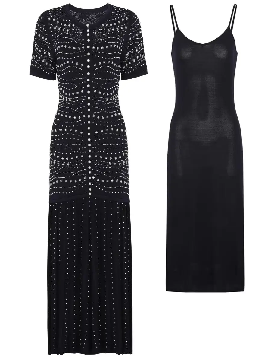 26151 Damen 2-teiliges Perlen-Strick-Maxikleid-Set Kurzarm Ausgeschnittenes Langes Kleid mit Cami-Unterkleid für Party Abend Vestidos