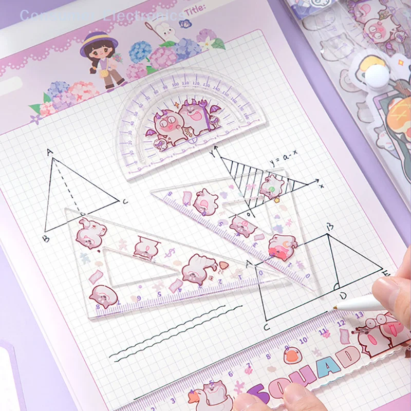 1Set Cute Transparent Measuring Trigonometric Straightedge Protractor Student Essential Measuring Acrylic Ruler School Supplies