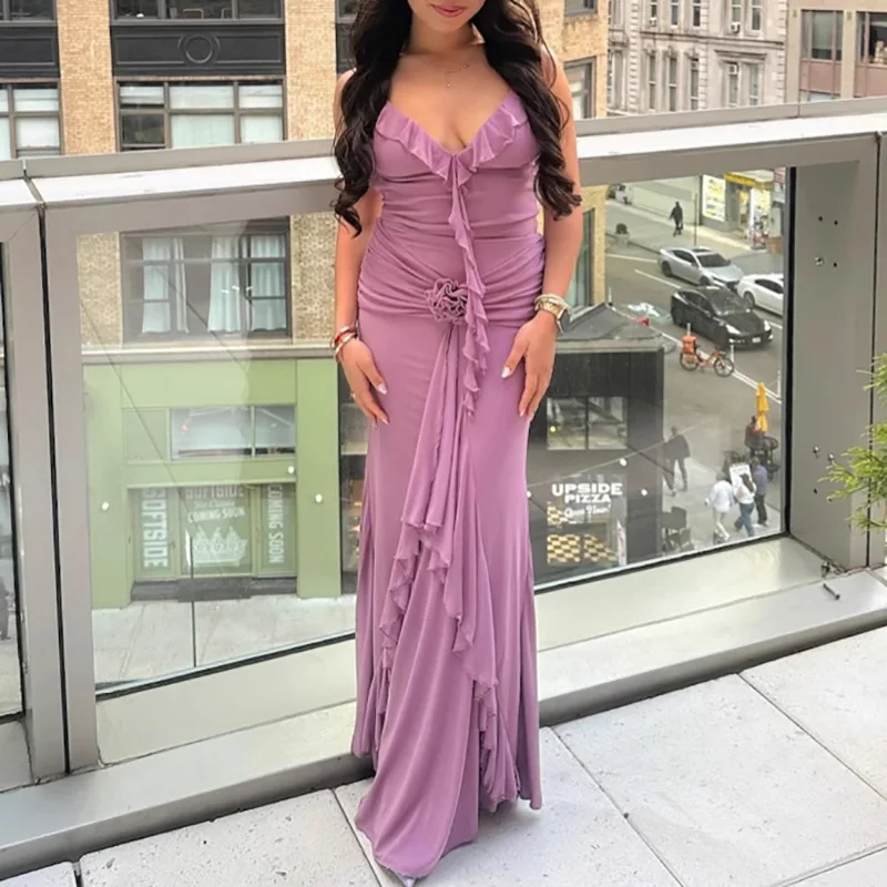 Purple Hollow Out Ribbon Evening Dress Elegant Low Cut Backless Ruffles Halter Dress Lady Wrap Hips Stereoscopic Floral Dresses
