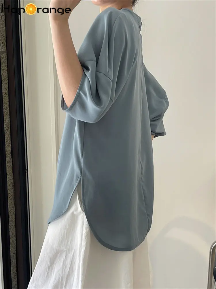 HanOrange 2024 Summer Slightly Transparent Lantern Sleeves Shirt Women Loose Mesh Thin Top Turquoise Green/Light Gray Powder