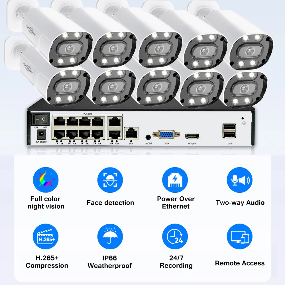 10CH POE NVR 5MP POE Setsecurity protection Outdoor 30M Cable Color Night Vision 2-Way Audio CCTV Video Surveillance System Set