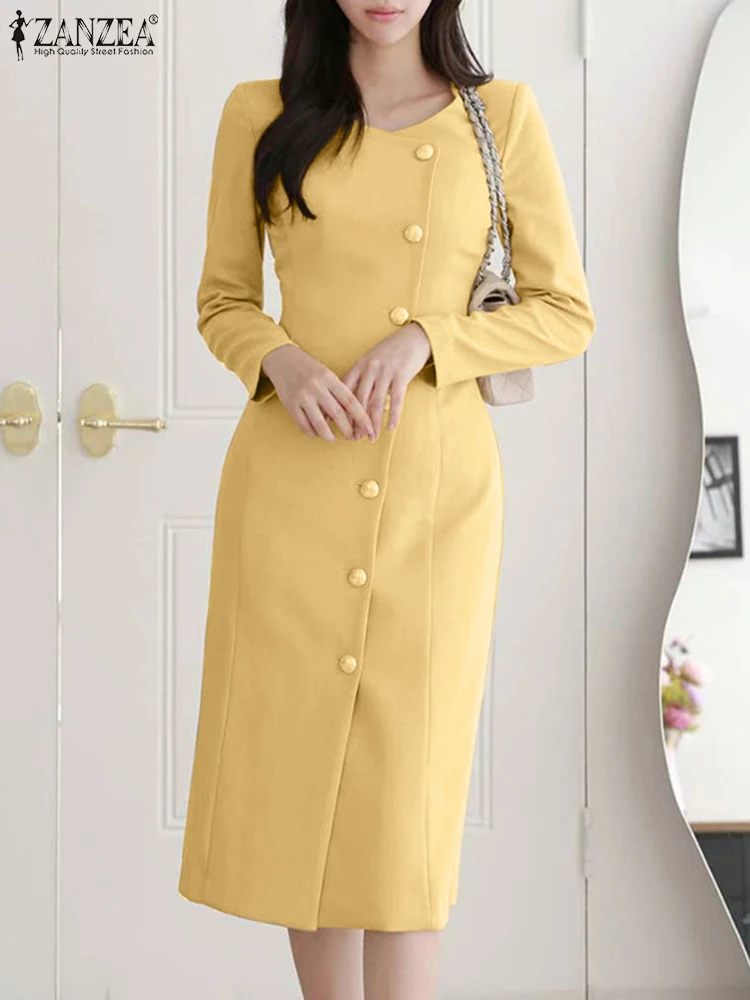 2023 ZANZEA Women Fashion Blazer Sundress Elegant Long Sleeve Office Work Dress Autumn Slim Fit Bodycorn Midi Vestido Robe Femme