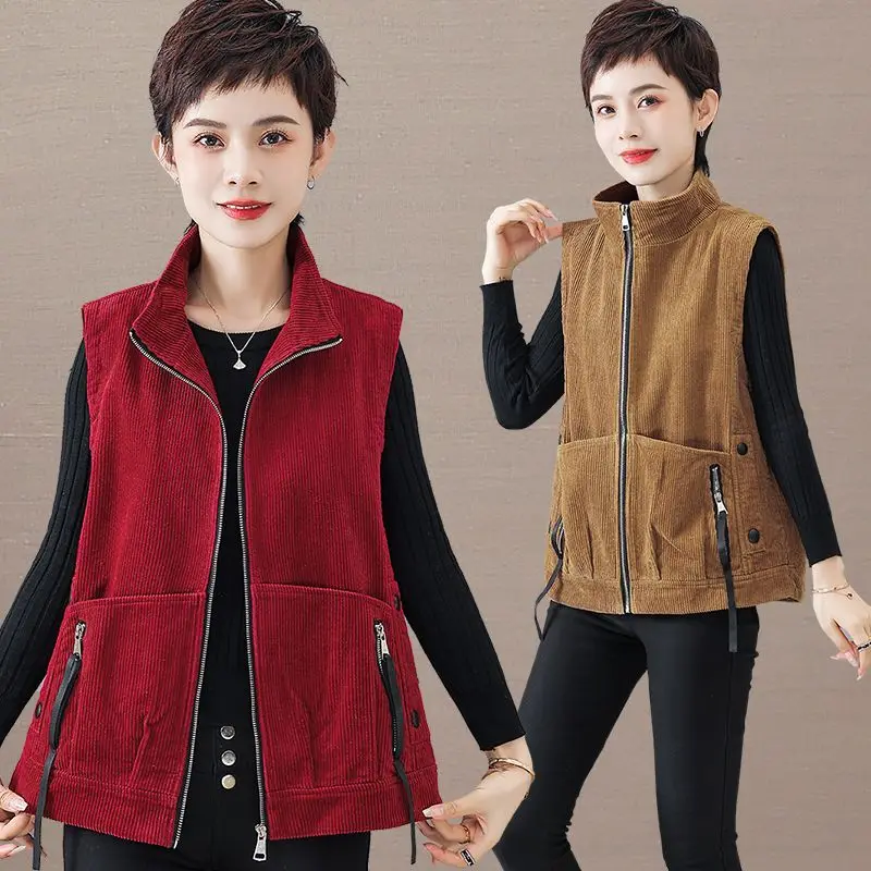 

2024 New Women's Sleeveless Jacket Loose Outerwear Coats Casual Corduroy Vest for Women Spring Autumn Plus Size Clothing Q308