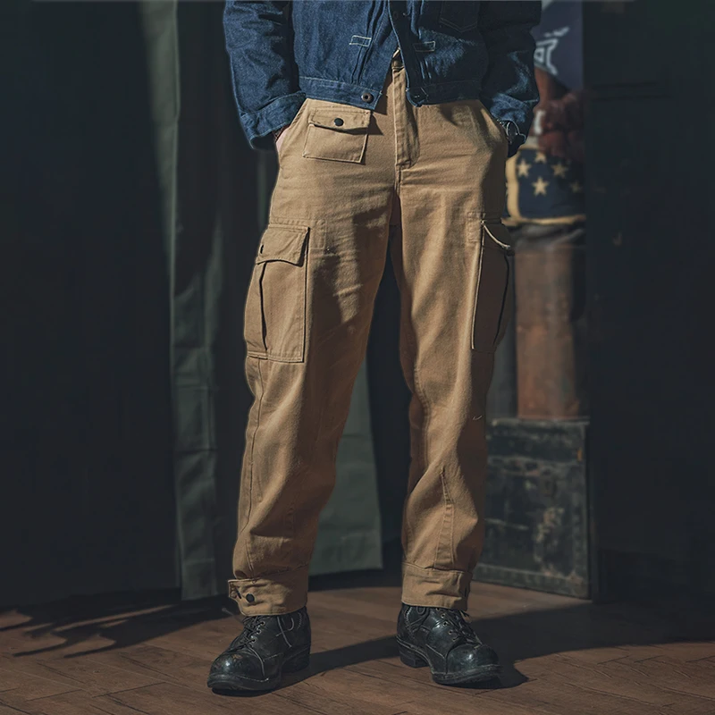 

Мужские повседневные брюки-карго из плотного твила с высокой талией в стиле ретро, цвета хаки, для мотоциклистов, рабочие брюки