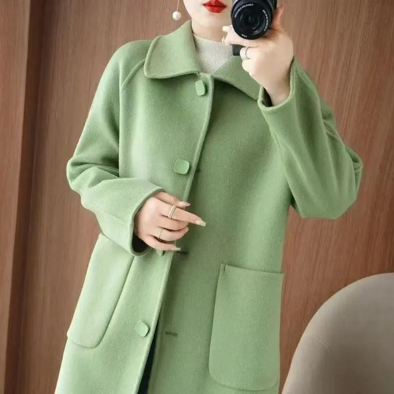 

Women's 2025 Spring and Autumn New Slim Temperature Medium-length Woolen Coat