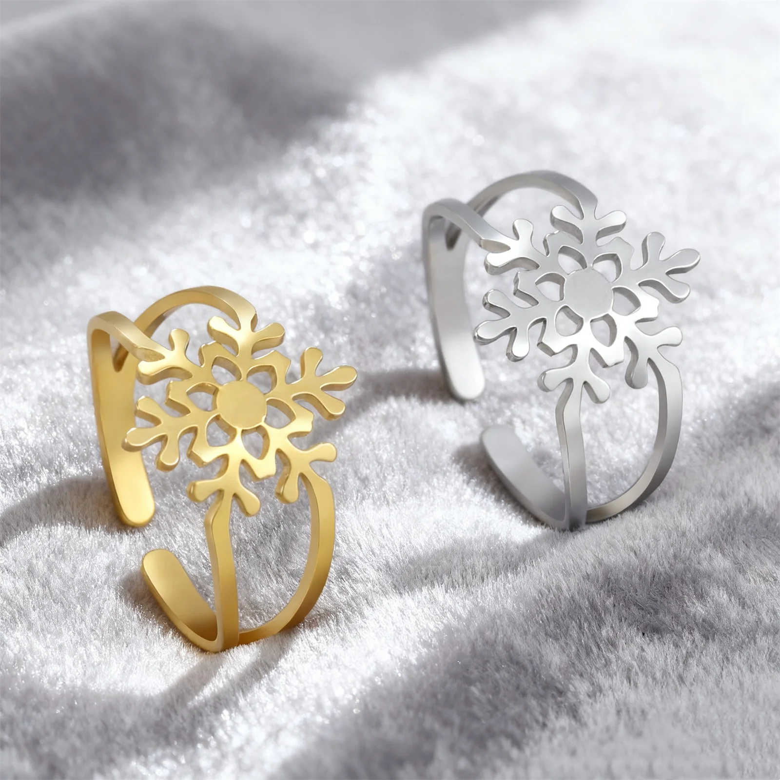 الشتاء أزياء ندفة الثلج الدائري الفولاذ المقاوم للصدأ قابل للتعديل الجمالية المرأة خاتم رائعة السنة الجديدة مجوهرات زوجين هدية عيد الميلاد #2