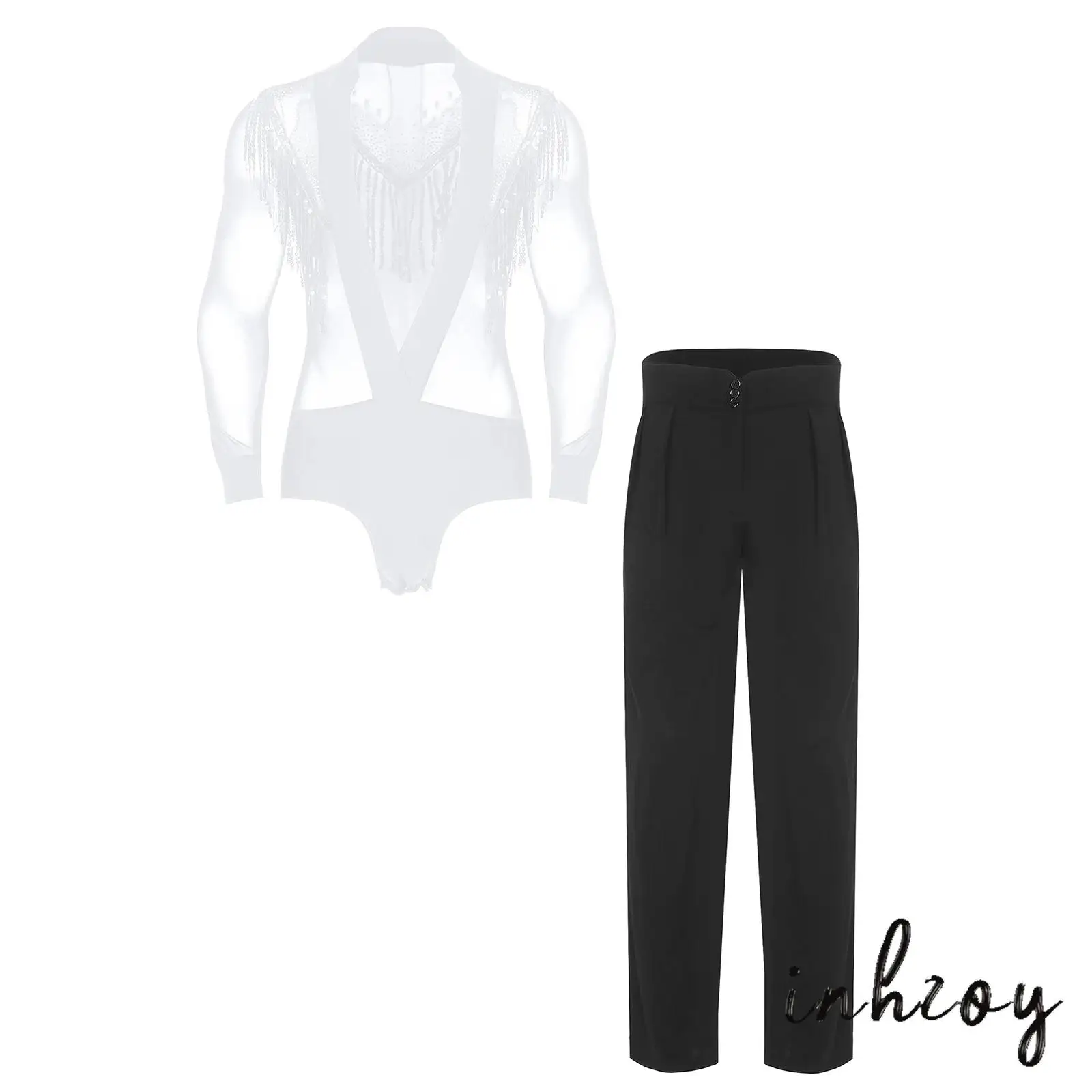 

Mens Gymnastics Costume Latin Dance Outfits Transparent Tassel Mesh Rhinestone Sequin Bodysuit with Long Pant Bodyshaper Fitness