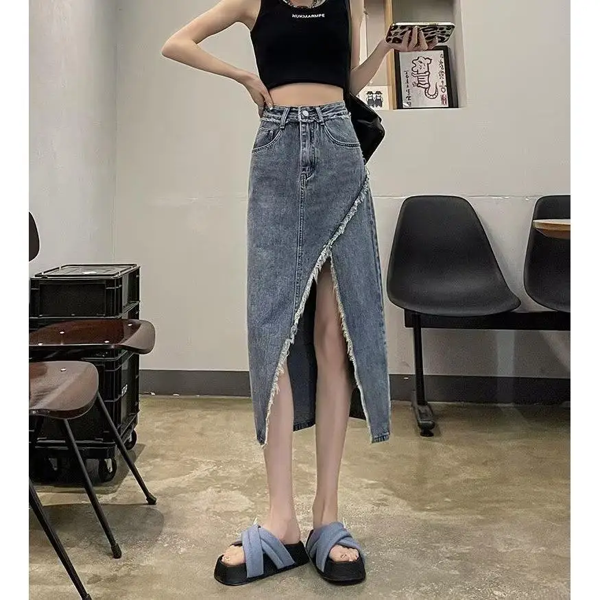 

Джинсовая юбка с высокой талией и разрезом, женская, дизайнерская, осенне-зимняя, новая, ретро, А-силуэт, облегающая, длинная