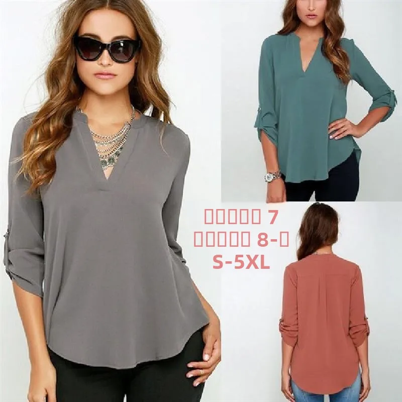 Modna damska koszulka T-shirt na lato 207, duży rozmiar 5XL, poliester, długi rękaw, dekolt w serek, regularny krój, uniwersalna, elegancka koronka.