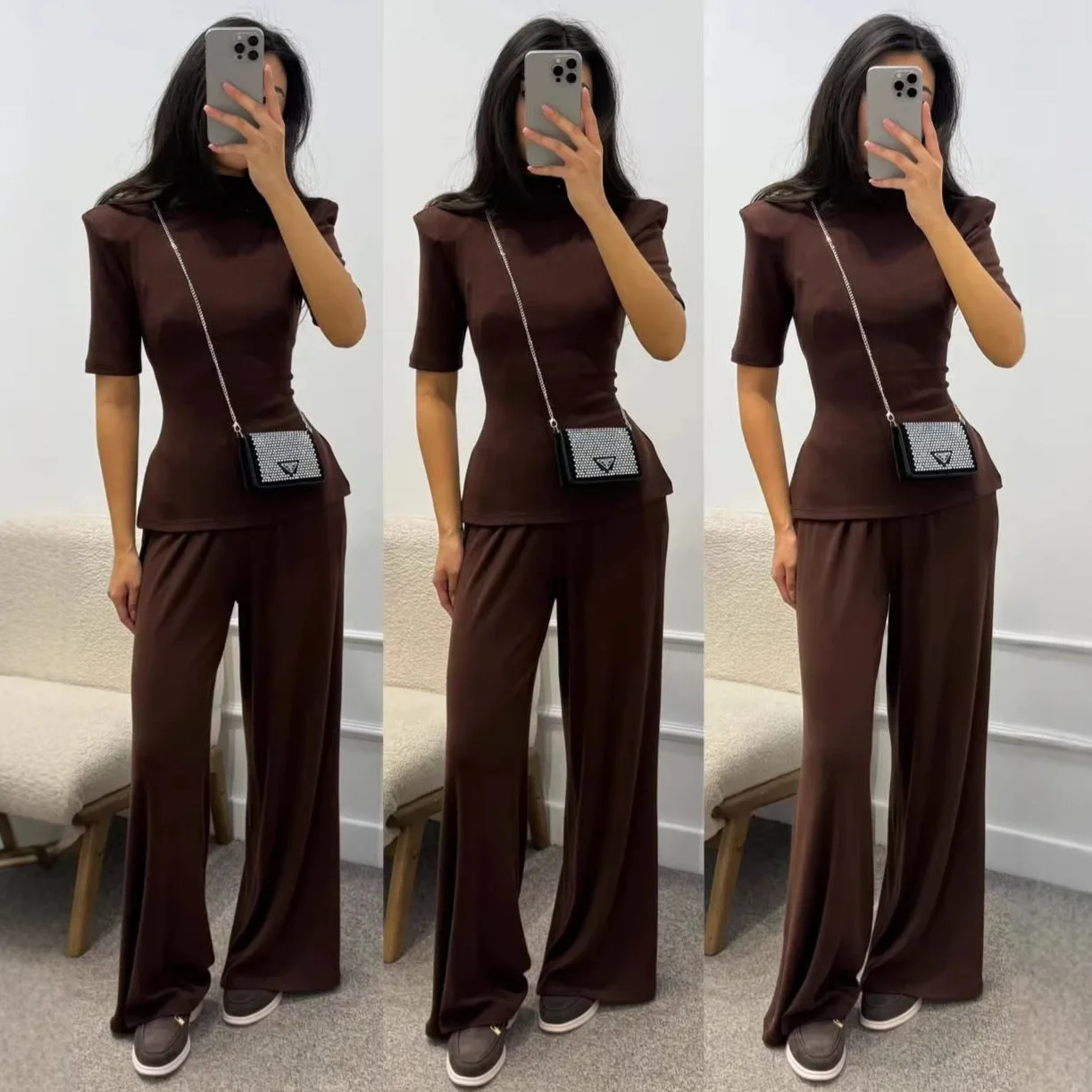 

2026 Spring Summer New Fashion Casual Round Neck Short Sleeve Slim Fit Top Loose Pants Set Women Elegant