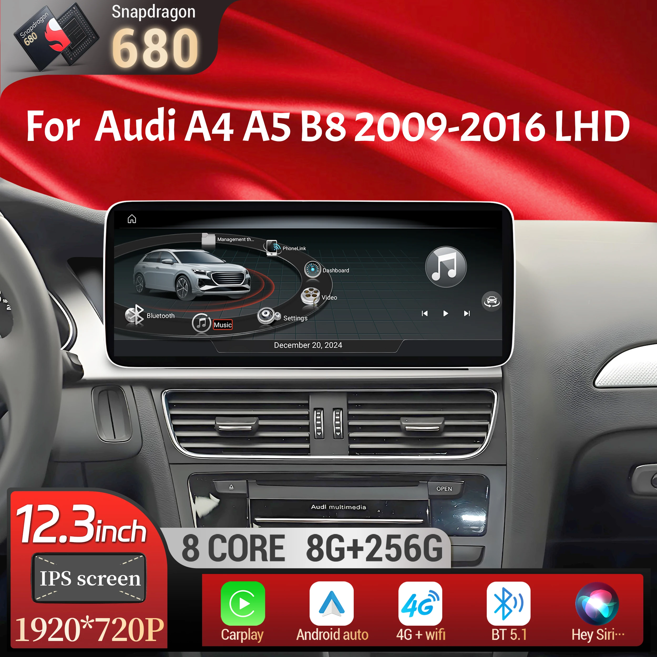 12.3 inch Left Hand Drive Android 13 Car Radio For Audi A4 A5 B8 2009-2016 BT Carplay Qualcomm Snapdragon 680 Head Unit Screen