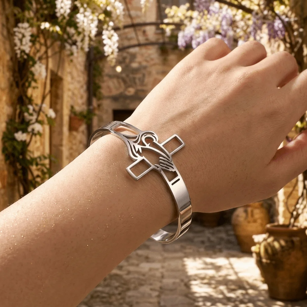 Polished Stainless Steel Cross Bangle Open-Ended Design Tarnish-Resistant Cuff Bracelet Timeless Appearance Skin-Friendly