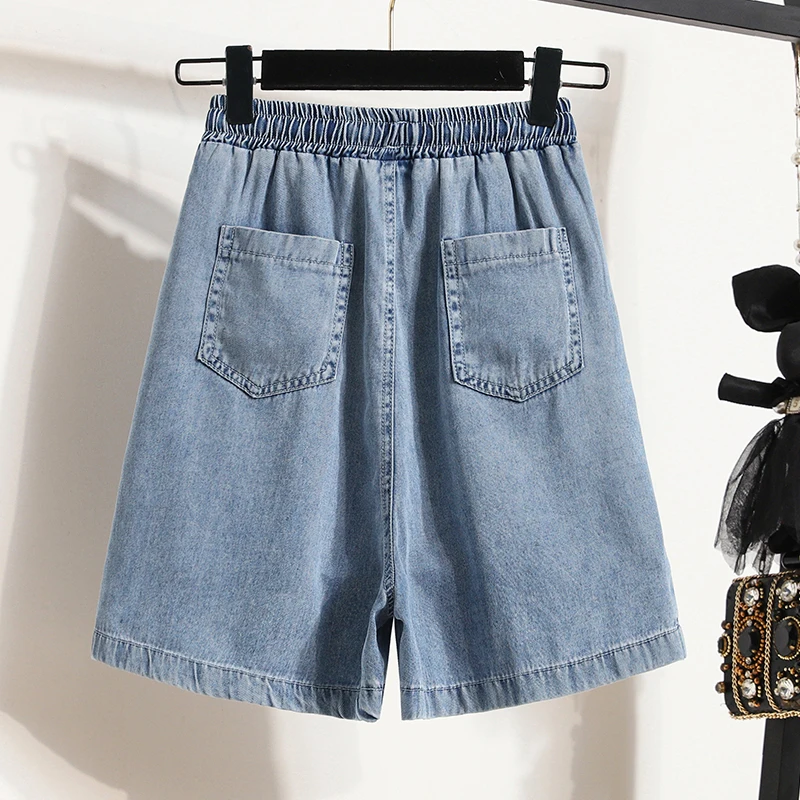 Plus Size Denim Shorts For Women 2024 Summer New Arrivals High Elastic Waist Soft Tencel Loose Blue Jeans Shorts Female Hot Sale