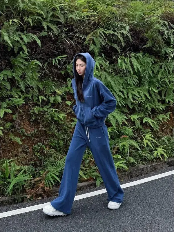 

Повседневный спортивный комплект American Sle Spicy Girl, женский осенне-зимний синий свитшот с капюшоном, длинные брюки, комплект из двух предметов