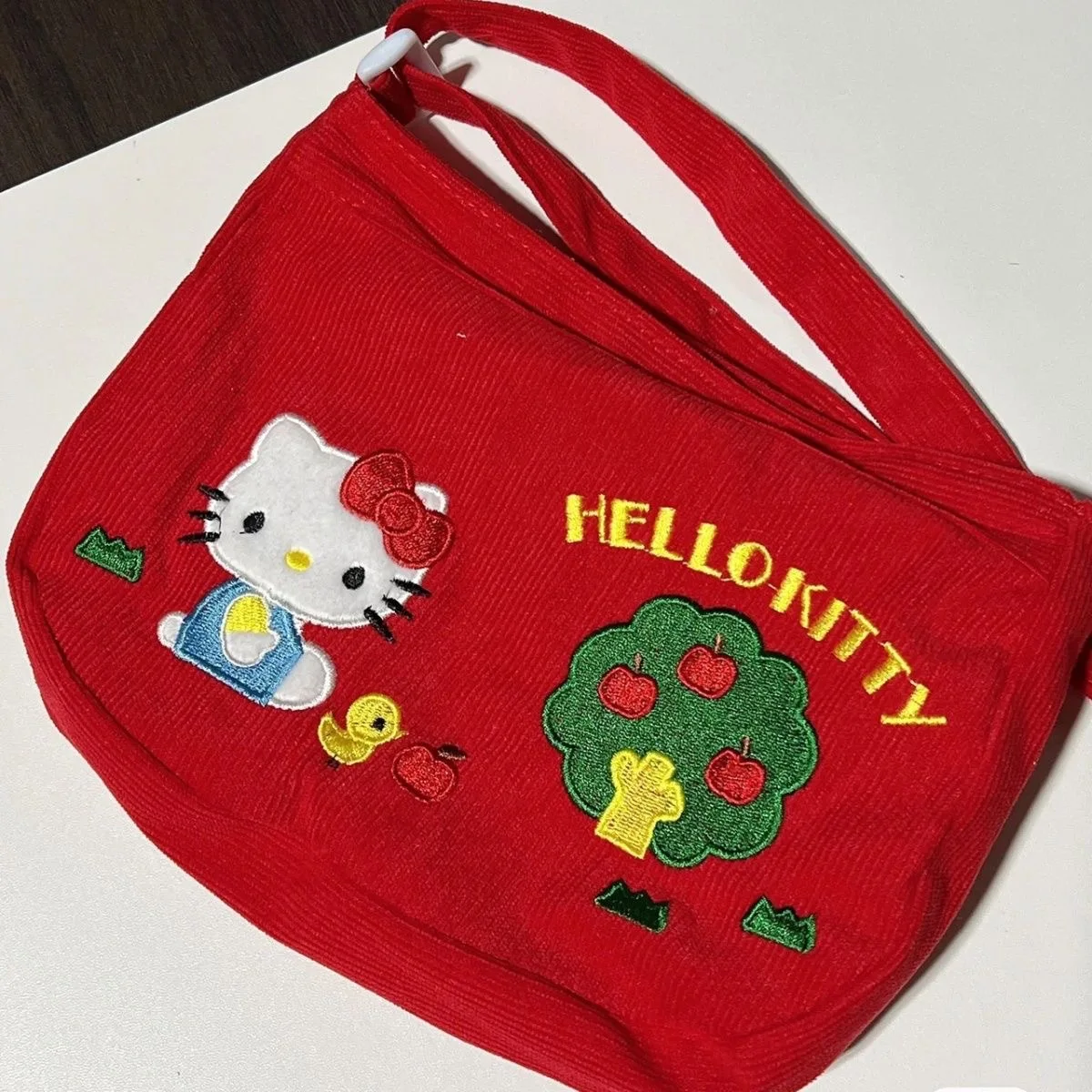 

Cute Hellos Kittys Crossbody Bag Vintage Red Corduroy Shoulder Bag Embroidered Printed Girly Heart All-match Tote Girls Gift