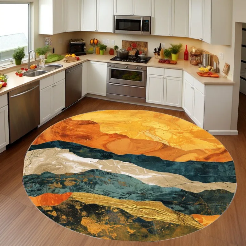 Modern Nature-Inspired Round Rug – Gold Motif & Digital Orange Design for Living Room, Entryway & Home Decor