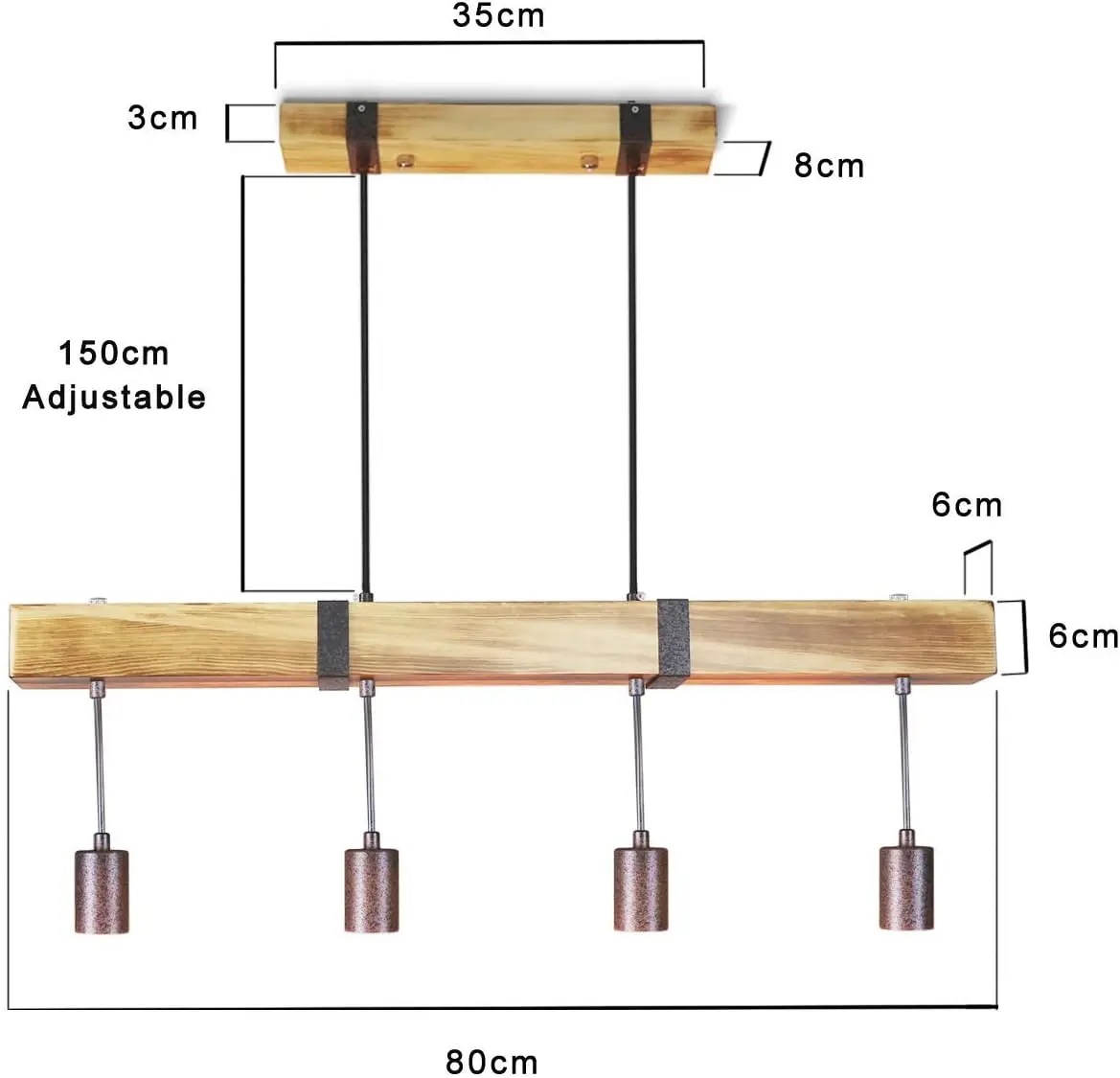 Vintage Pendant Light Wood Dining Table Lamp Retro Hanging Lamp Industrial Wooden Beam 4 X E27 for Kitchen Island Living Room - Image 6