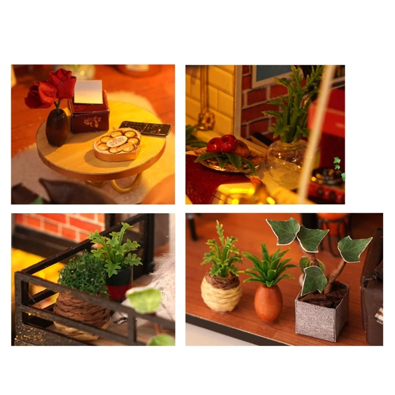 F19F DIY-Puppenhaus-Miniatur mit Möbeln, Holz-Minihaus mit Staubschutz-Sets, Raumdekorationen, Bastelgeschenk für Teenager und