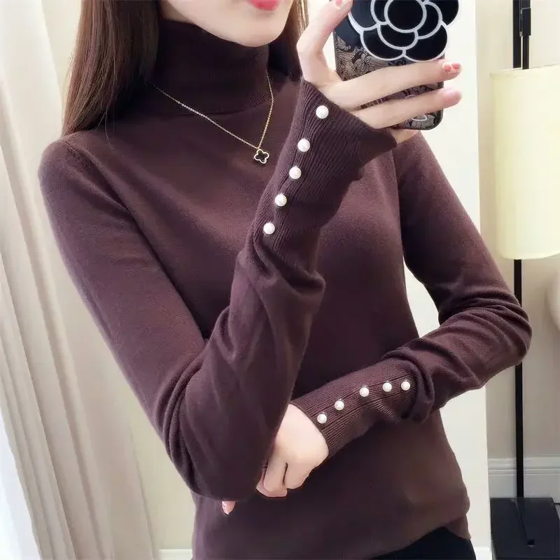 Basic Solid Color Straight Jumpers Female Clothing Casual Turtleneck 2024 Winter Commute Stylish Beading Knitted Sweaters PH325