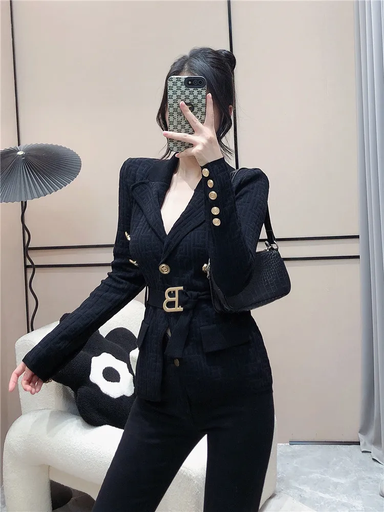 High Quality Women Fashion Autumn Vintage Elegant Temperament Long Sleeve Knitted Cardigan Belt Blazer Jacket Coat