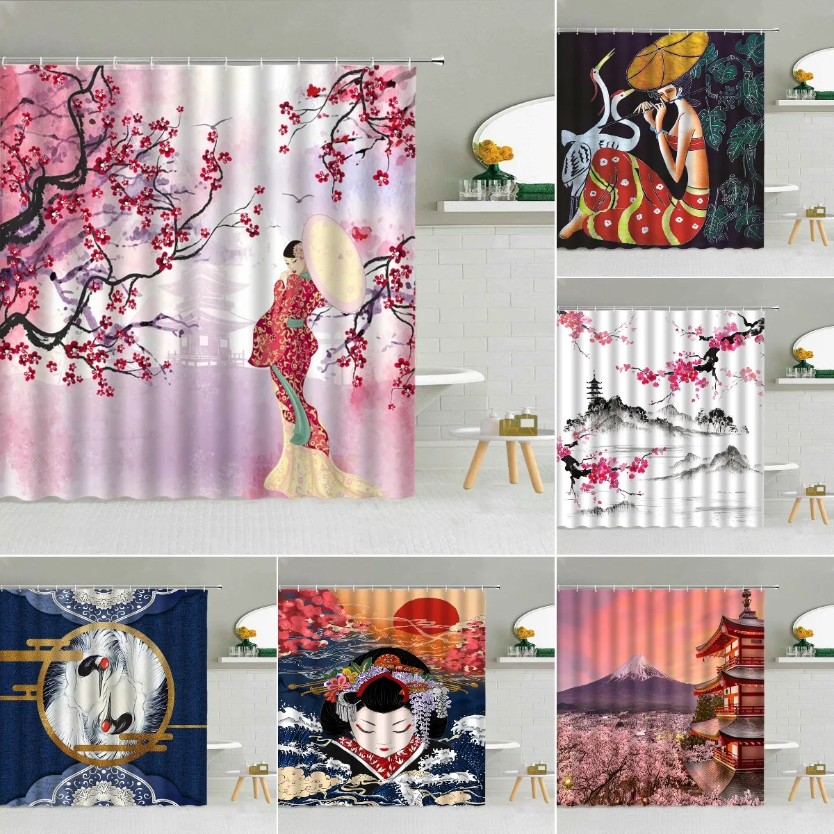 Japanese Traditional Shower Curtain Kimono Woman Sakura Landscape Pavilion Bird Waterproof Fabric Bathroom Decor Hook Curtains