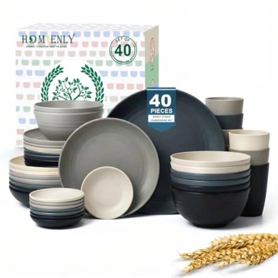 

Wheat Straw Dinnerwave Sets for 8 Unbreakable Plates and Bowls Sets with Cups and Saucers, Microwave Dishwasher Safe Dishes Set